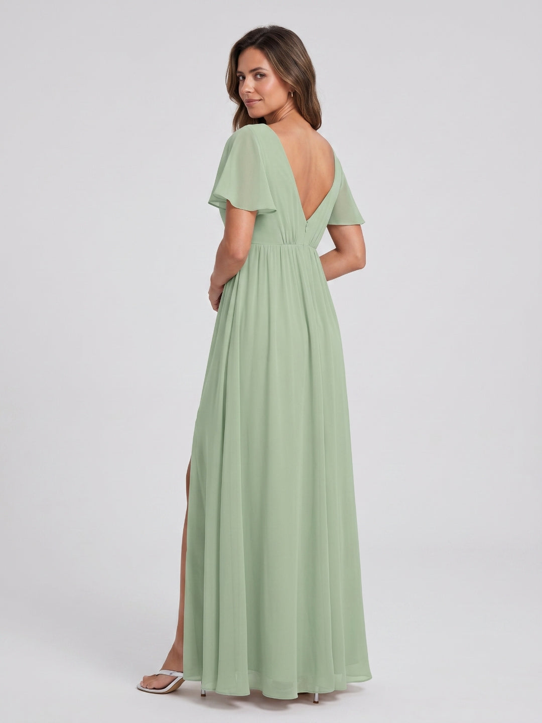 Dusty Sage Chiffon A-Line V-Neck V-Back Floor-Length Bridesmaid Dress with Pleating