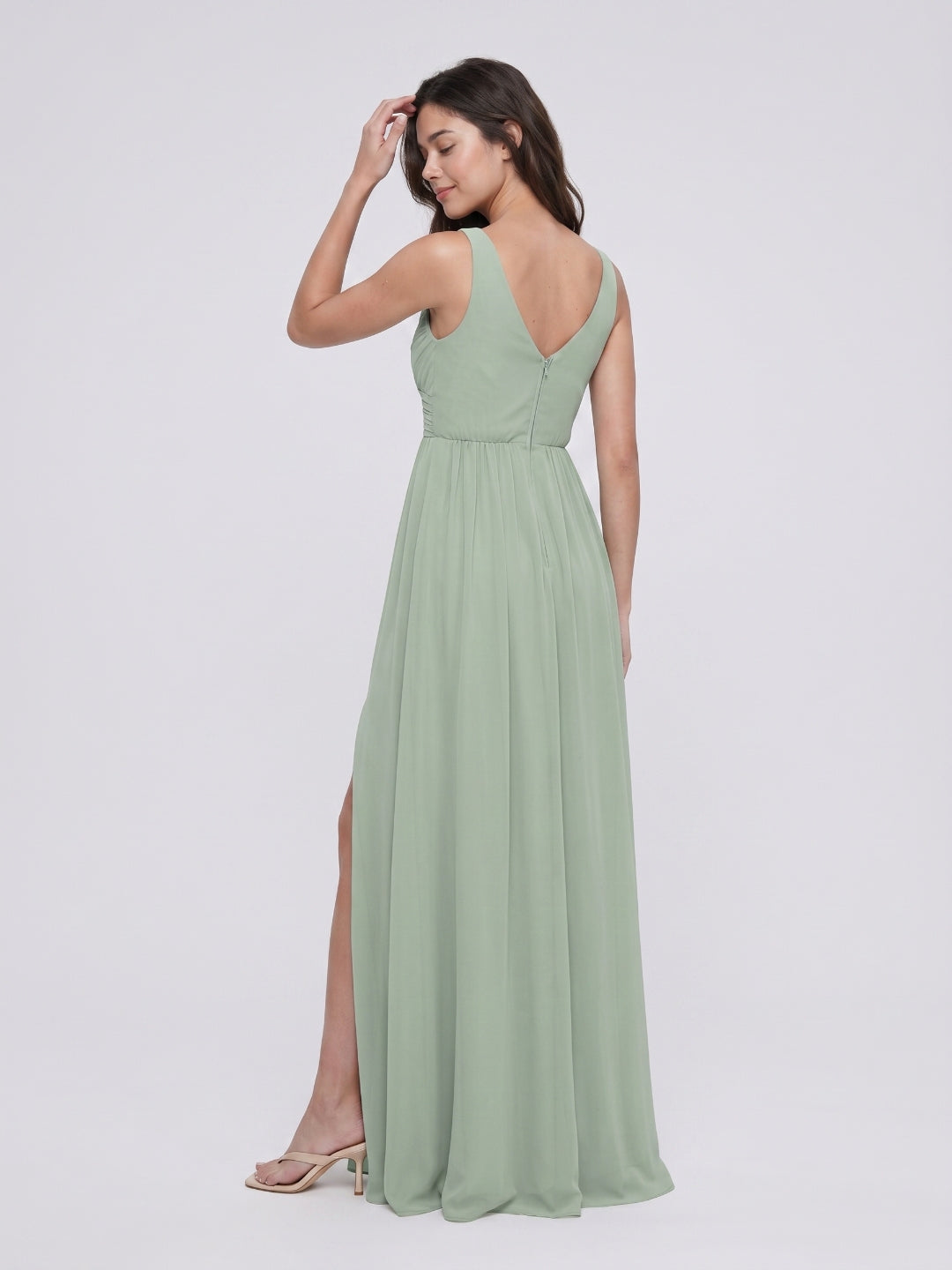 Dusty Sage Chiffon A-Line V-Neck V-Back Bridesmaid Dress with Pleating