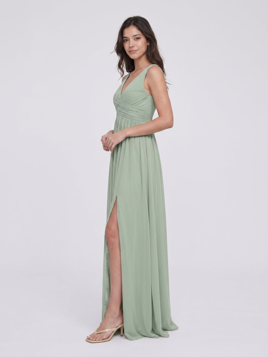 Dusty Sage Chiffon A-Line V-Neck V-Back Bridesmaid Dress with Pleating