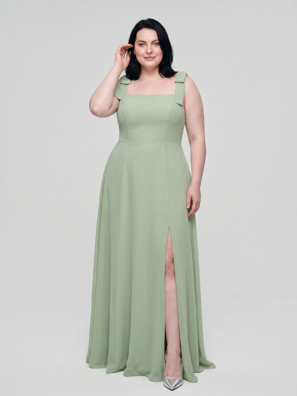 Dusty Sage Chiffon Square Neck Back Zip Bow  A-Line Ankle-Length Plus Size Bridesmaid Dress