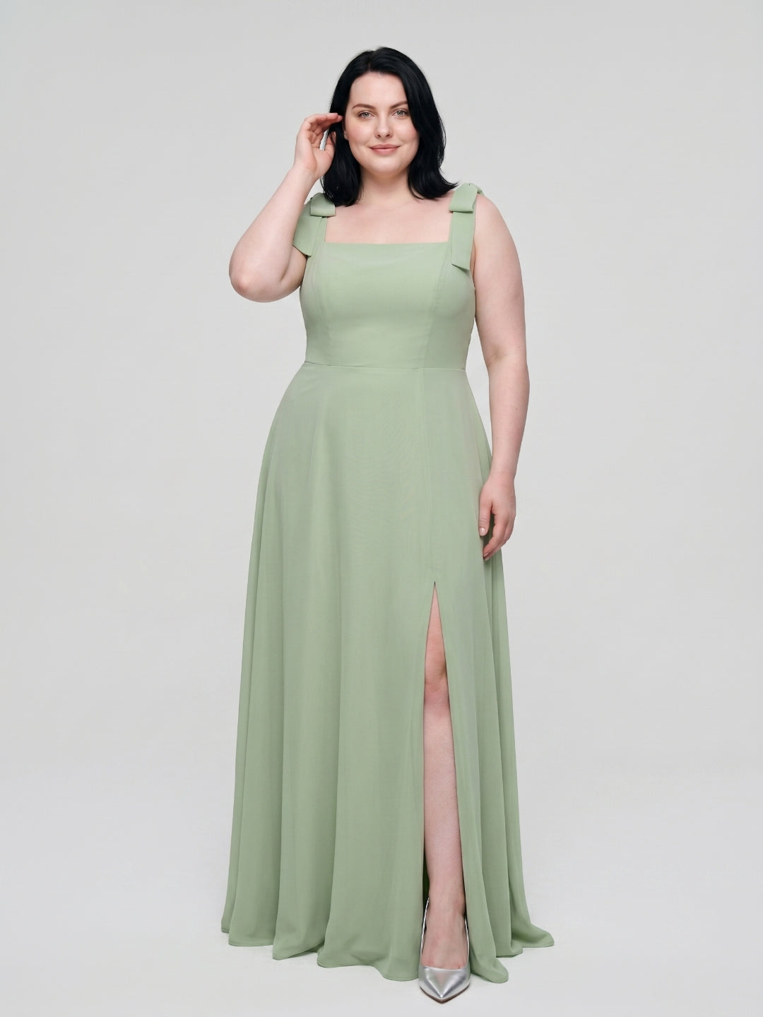 Dusty Sage Chiffon Square Neck Back Zip Bow  A-Line Ankle-Length Plus Size Bridesmaid Dress