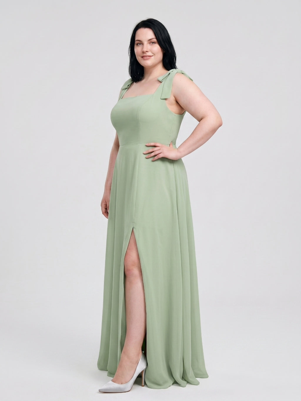 Dusty Sage Chiffon Square Neck Back Zip Bow  A-Line Ankle-Length Plus Size Bridesmaid Dress