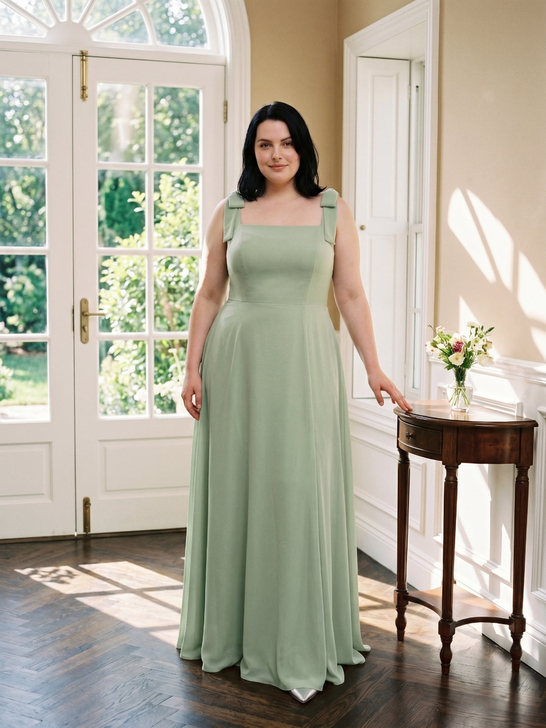 Dusty Sage Chiffon Square Neck Back Zip Bow  A-Line Ankle-Length Plus Size Bridesmaid Dress