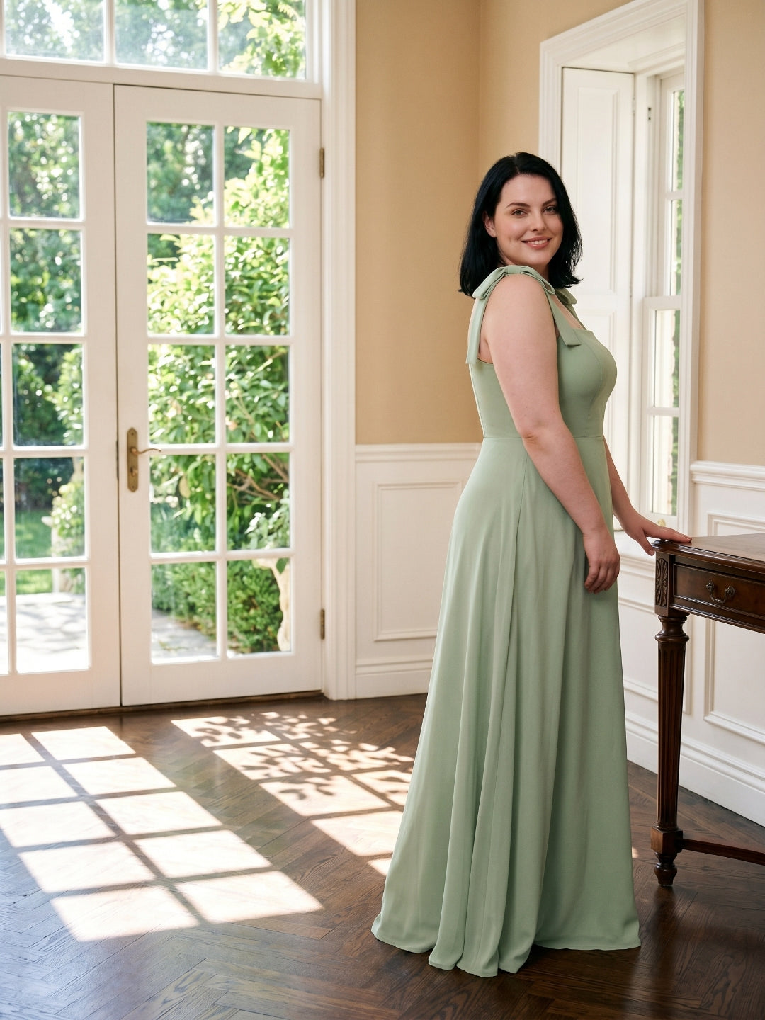 Dusty Sage Chiffon Square Neck Back Zip Bow  A-Line Ankle-Length Plus Size Bridesmaid Dress