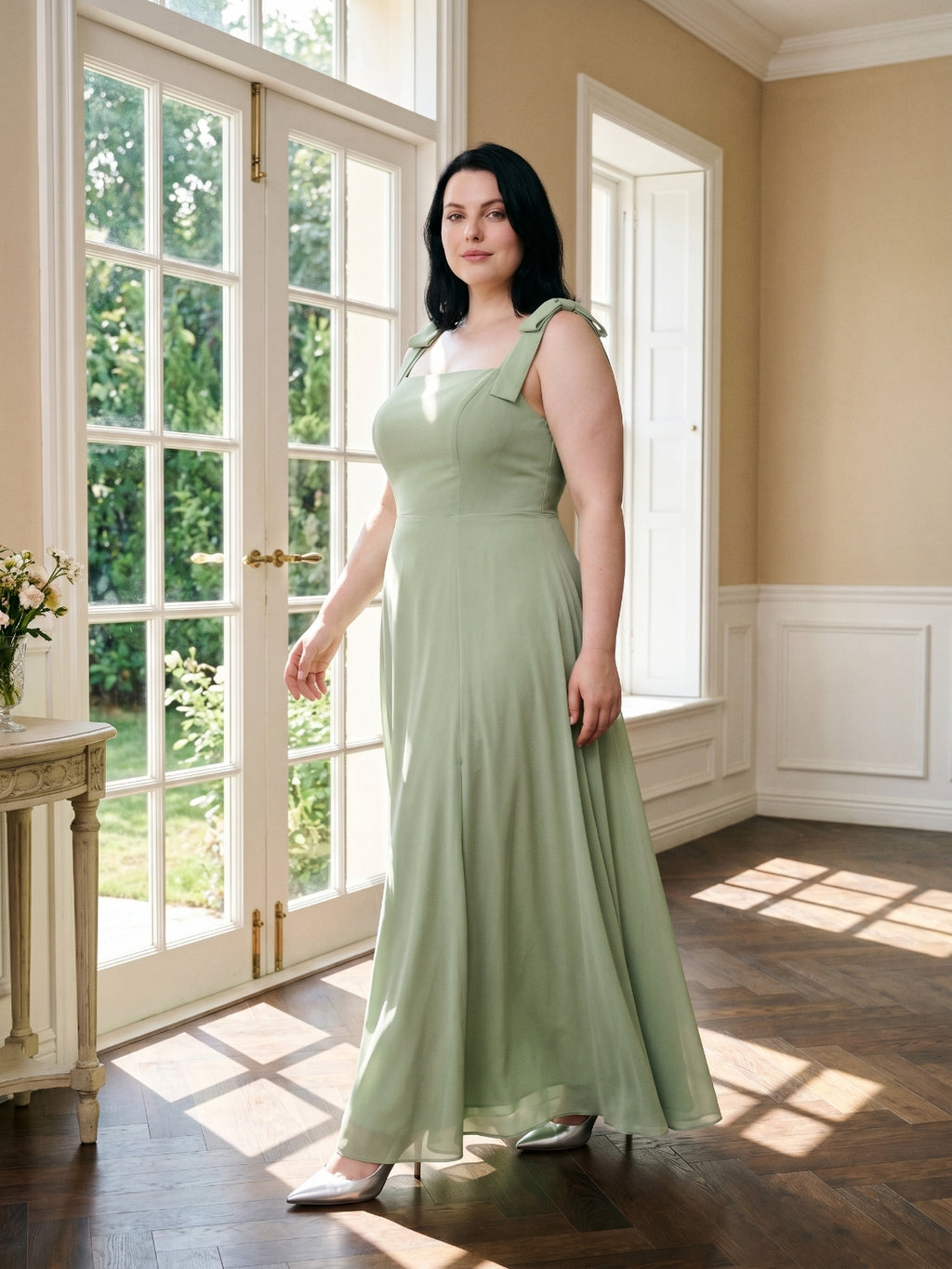 Dusty Sage Chiffon Square Neck Back Zip Bow  A-Line Ankle-Length Plus Size Bridesmaid Dress