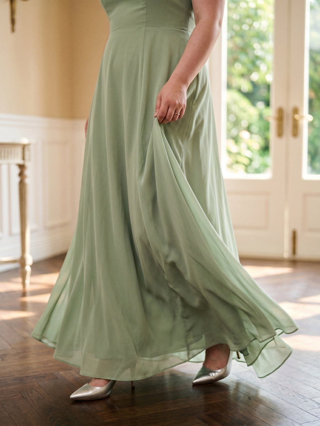 Dusty Sage Chiffon Square Neck Back Zip Bow  A-Line Ankle-Length Plus Size Bridesmaid Dress