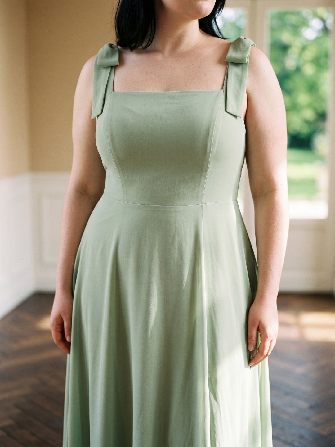 Dusty Sage Chiffon Square Neck Back Zip Bow  A-Line Ankle-Length Plus Size Bridesmaid Dress