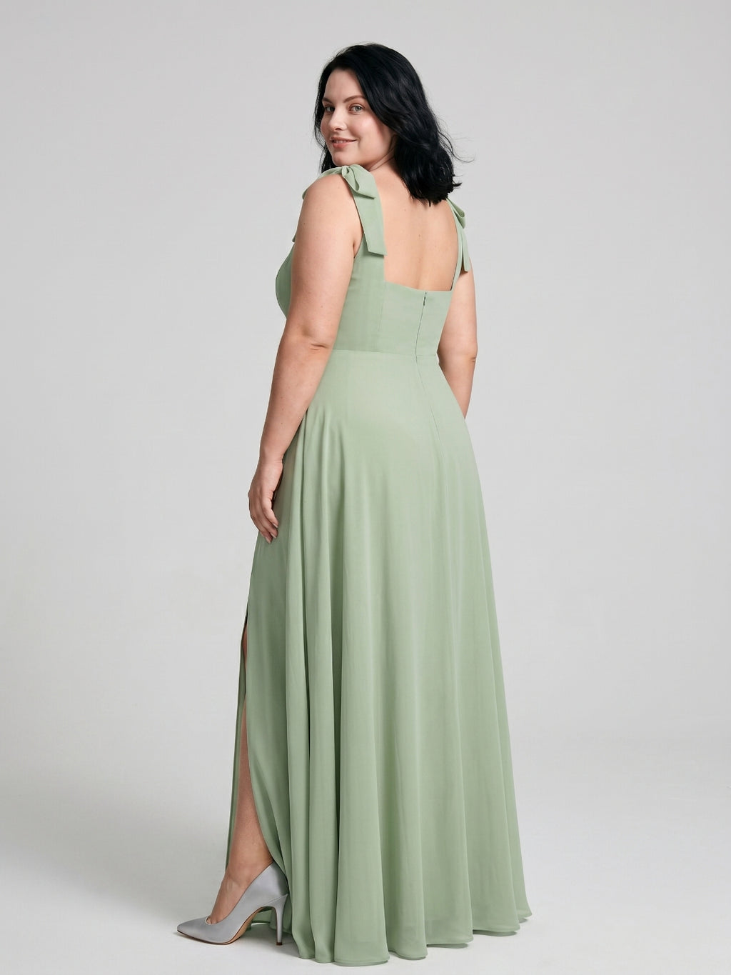 Dusty Sage Chiffon Square Neck Back Zip Bow  A-Line Ankle-Length Plus Size Bridesmaid Dress
