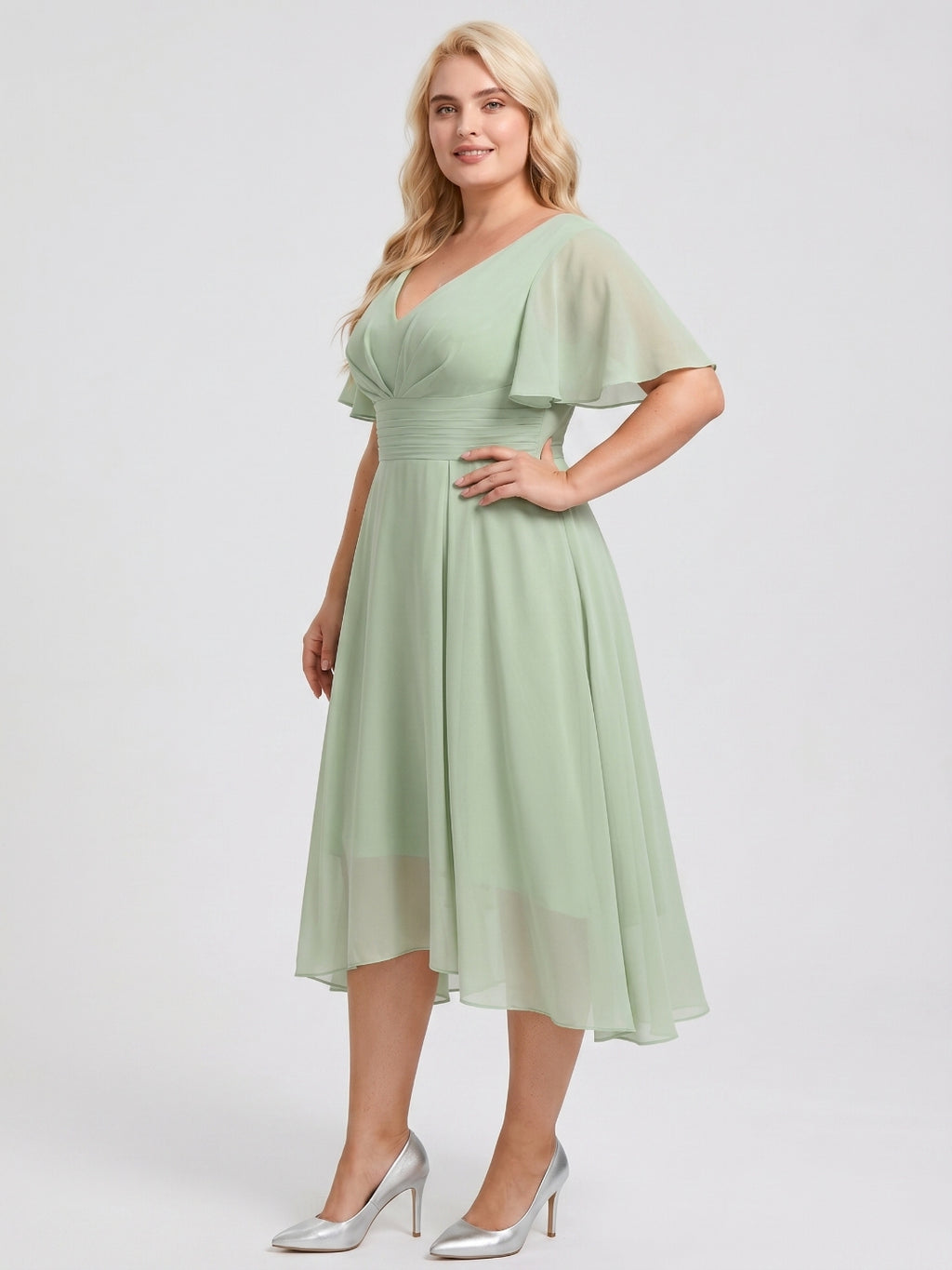 Dusty Sage Chiffon V-Neck Back Zip A-Line Knee-Length  Plus Size Bridesmaid Dress