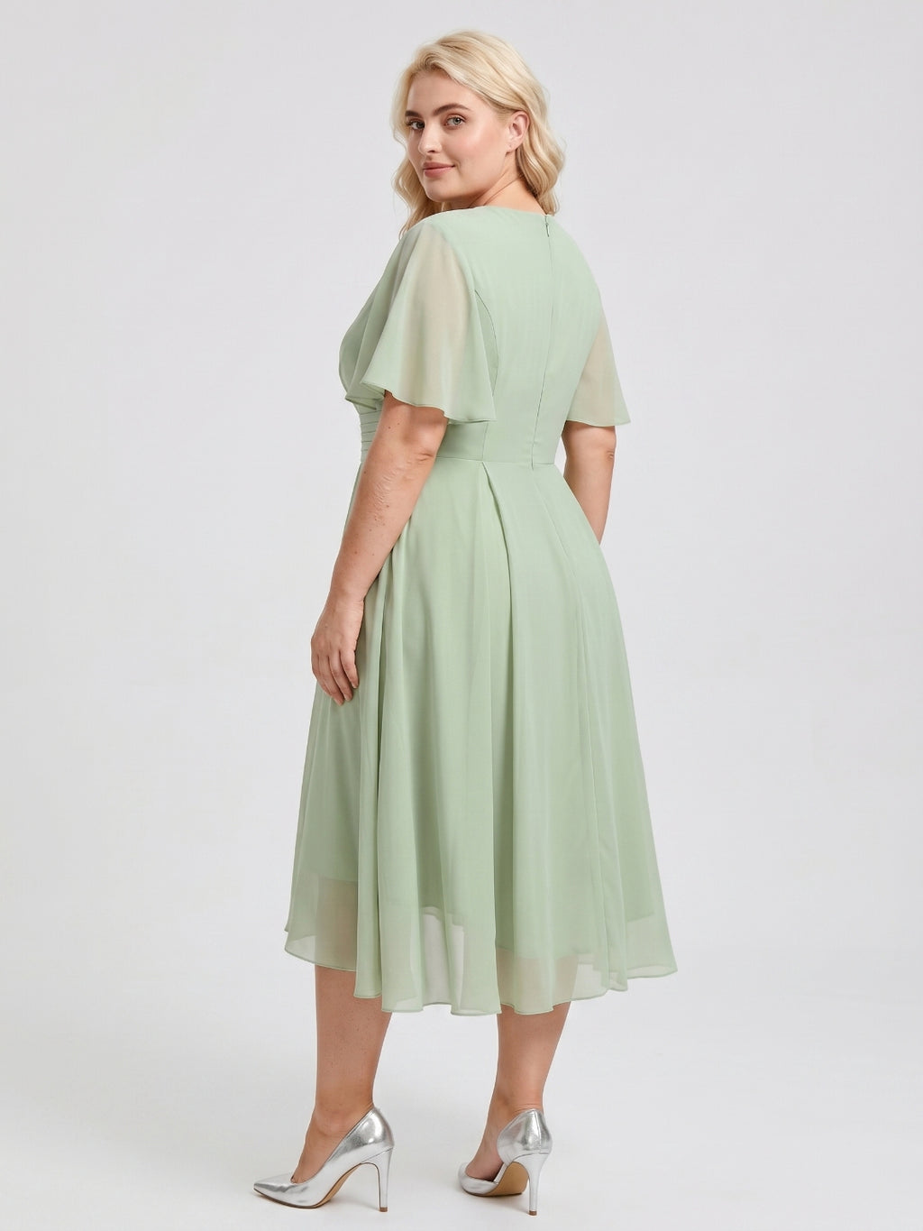 Dusty Sage Chiffon V-Neck Back Zip A-Line Knee-Length  Plus Size Bridesmaid Dress