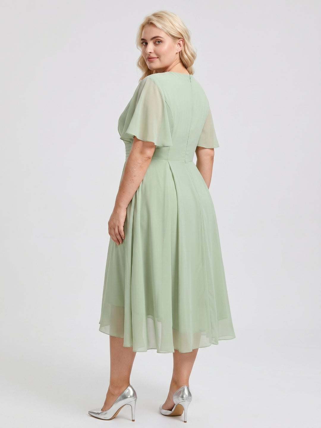 Dusty Sage Chiffon V-Neck Back Zip A-Line Knee-Length  Plus Size Bridesmaid Dress