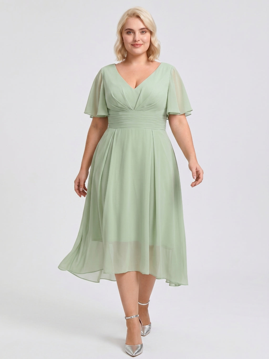 Dusty Sage Chiffon V-Neck Back Zip A-Line Knee-Length  Plus Size Bridesmaid Dress