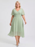 Dusty Sage Chiffon V-Neck Back Zip A-Line Knee-Length  Plus Size Bridesmaid Dress