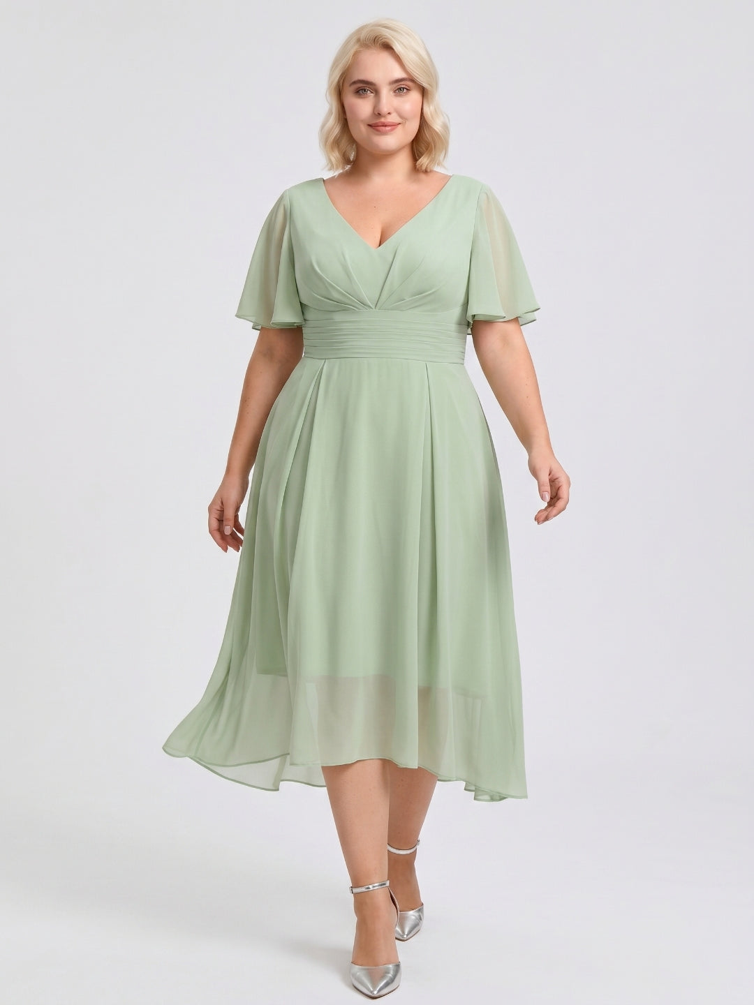 Dusty Sage Chiffon V-Neck Back Zip A-Line Knee-Length  Plus Size Bridesmaid Dress