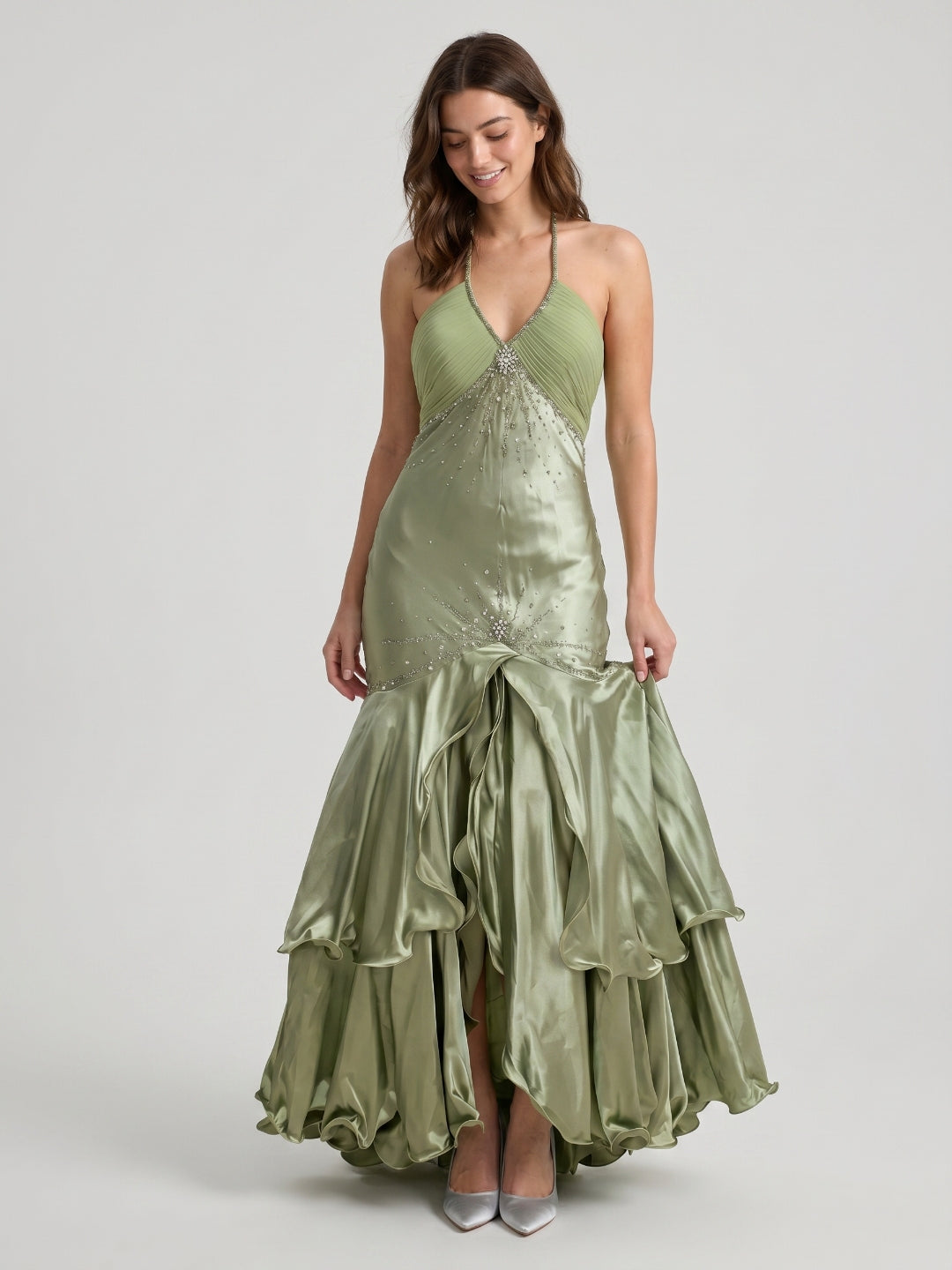 Dusty Sage Satin Mermaid Halter Backless Ankle-Length Prom Dress
