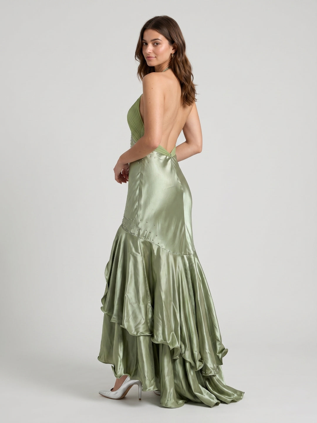 Dusty Sage Satin Mermaid Halter Backless Ankle-Length Prom Dress