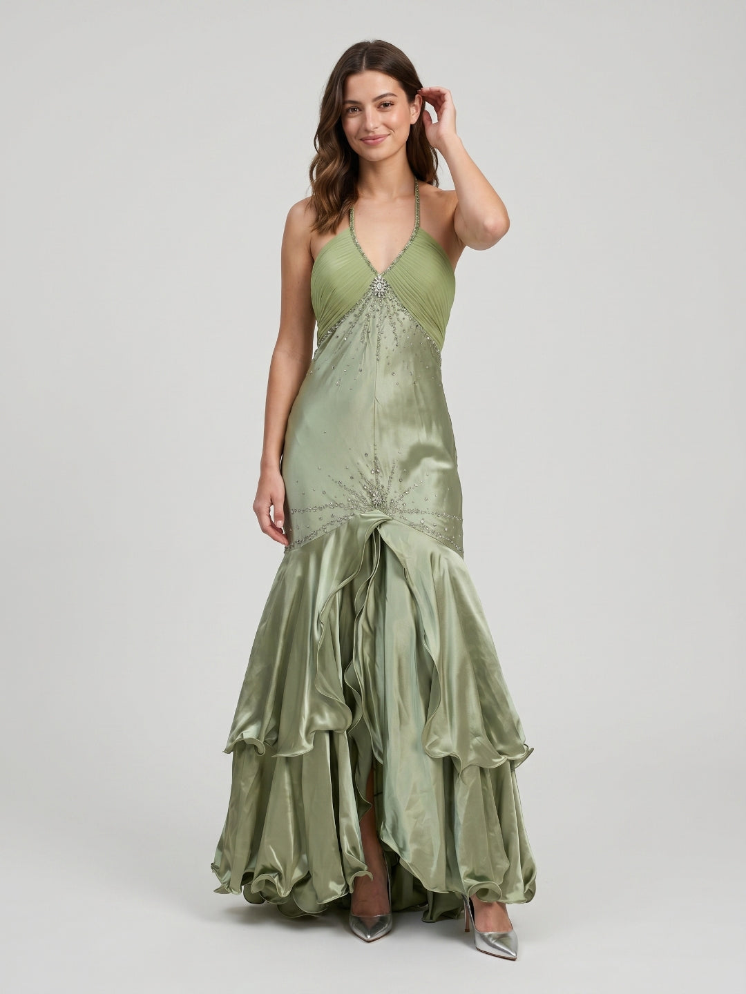 Dusty Sage Satin Mermaid Halter Backless Ankle-Length Prom Dress