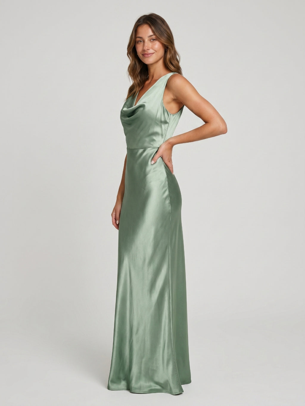 Dusty Sage Satin Sheath Cowl Neck Back Zip Floor-Length Bridesmaid Dress