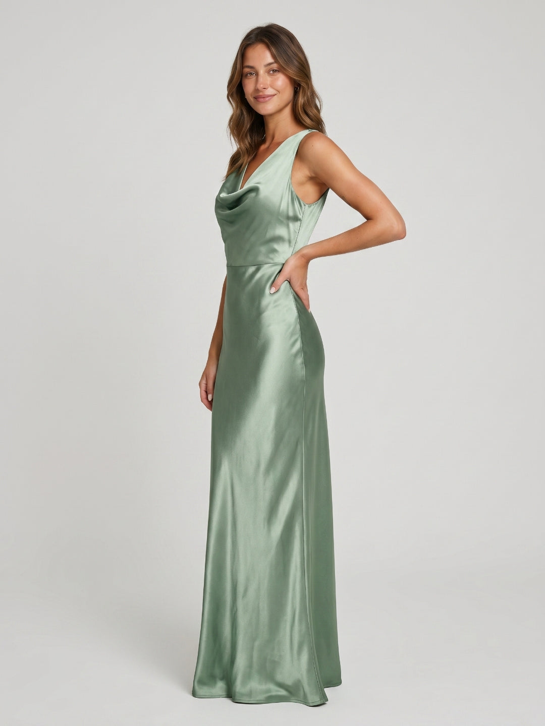 Dusty Sage Satin Sheath Cowl Neck Back Zip Floor-Length Bridesmaid Dress