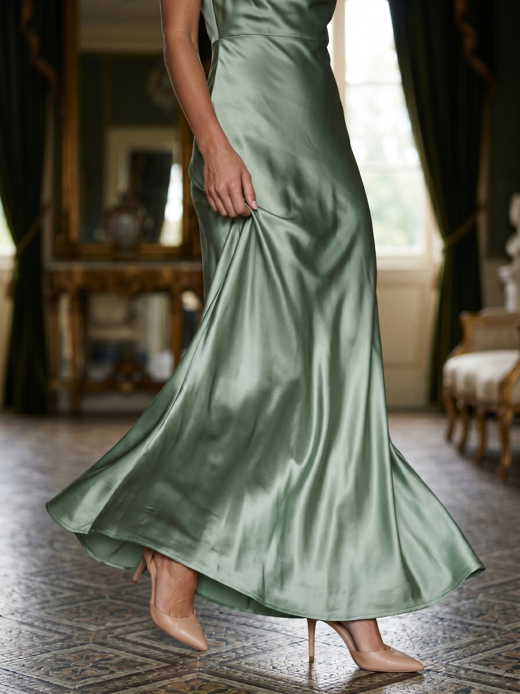 Dusty Sage Satin Sheath Cowl Neck Back Zip Floor-Length Bridesmaid Dress