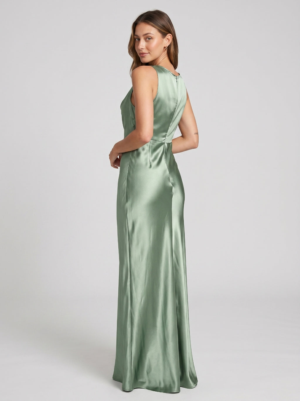 Dusty Sage Satin Sheath Cowl Neck Back Zip Floor-Length Bridesmaid Dress