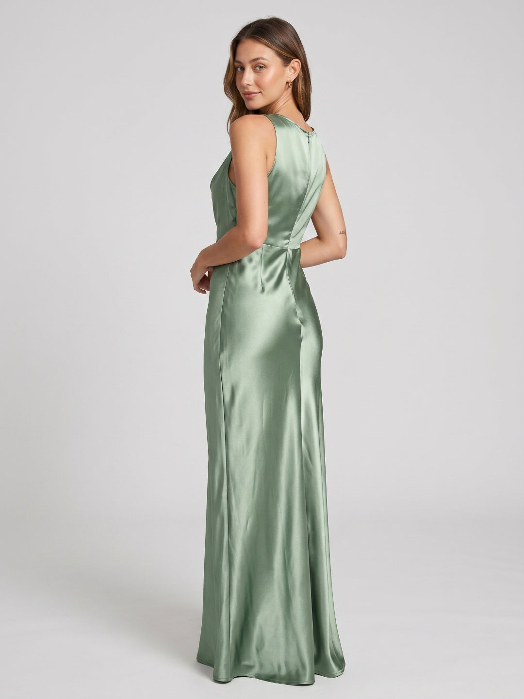 Dusty Sage Satin Sheath Cowl Neck Back Zip Floor-Length Bridesmaid Dress