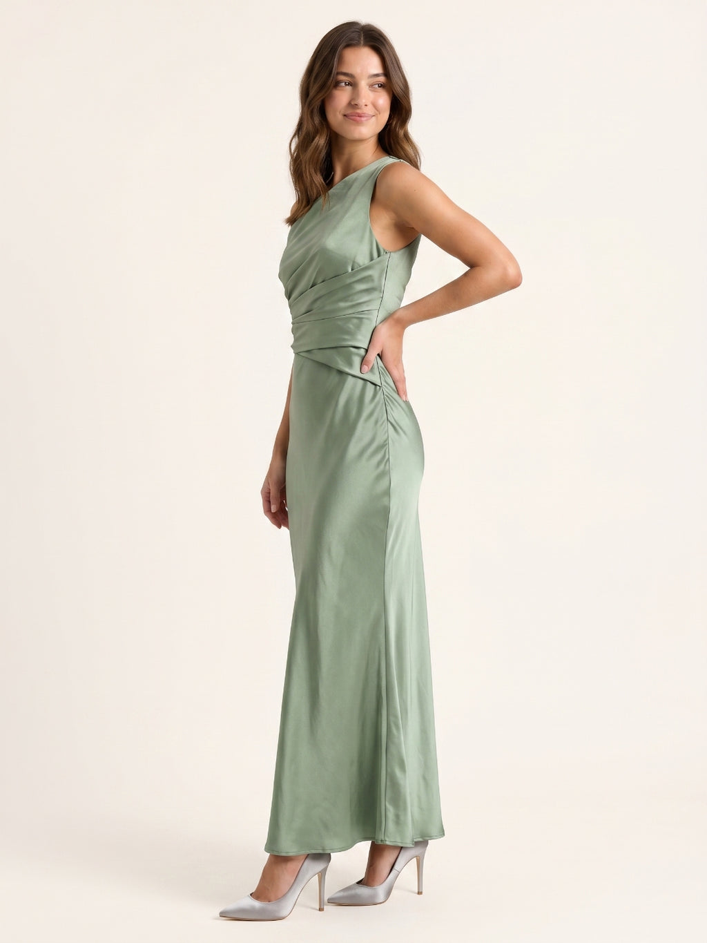 Dusty Sage Satin Sheath Off-the-Shoulder Back Zip Ankle-Length Bridesmaid Dress with Pleats