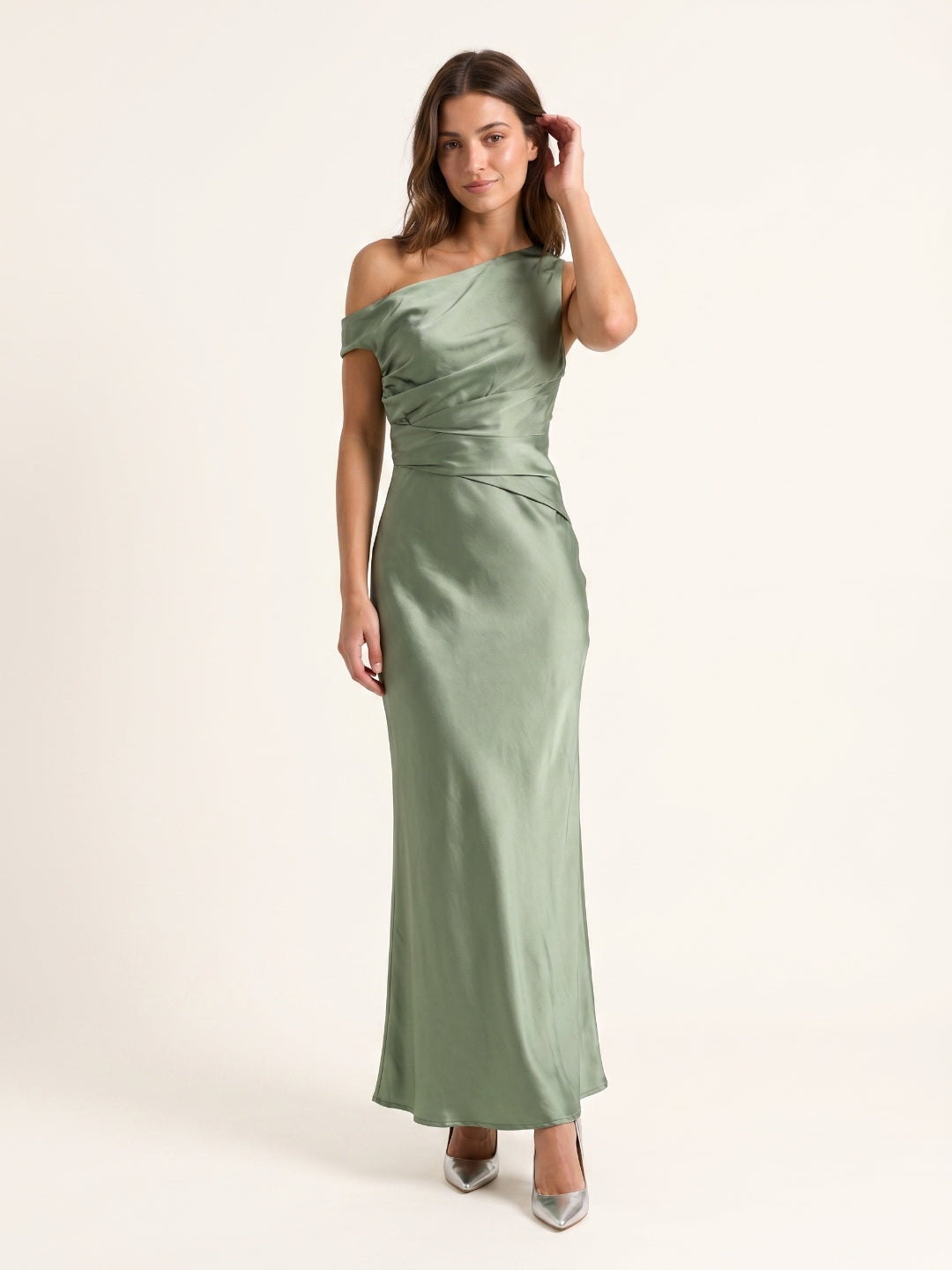 Dusty Sage Satin Sheath Off-the-Shoulder Back Zip Ankle-Length Bridesmaid Dress with Pleats