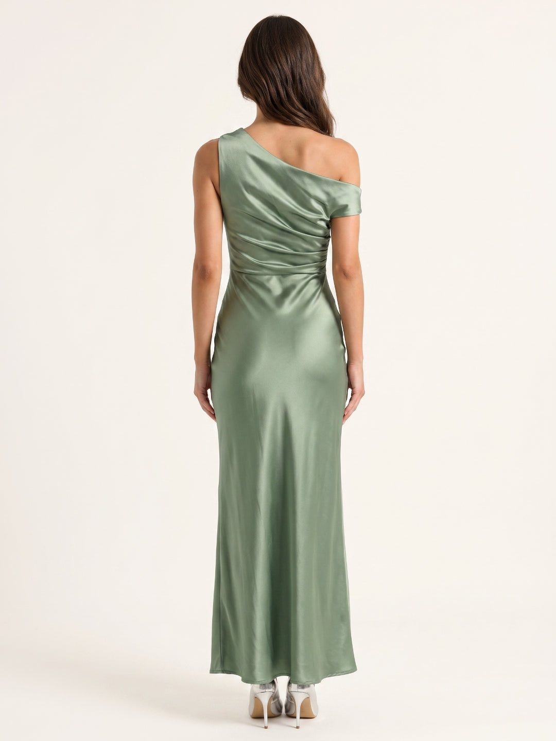 Dusty Sage Satin Sheath Off-the-Shoulder Back Zip Ankle-Length Bridesmaid Dress with Pleats