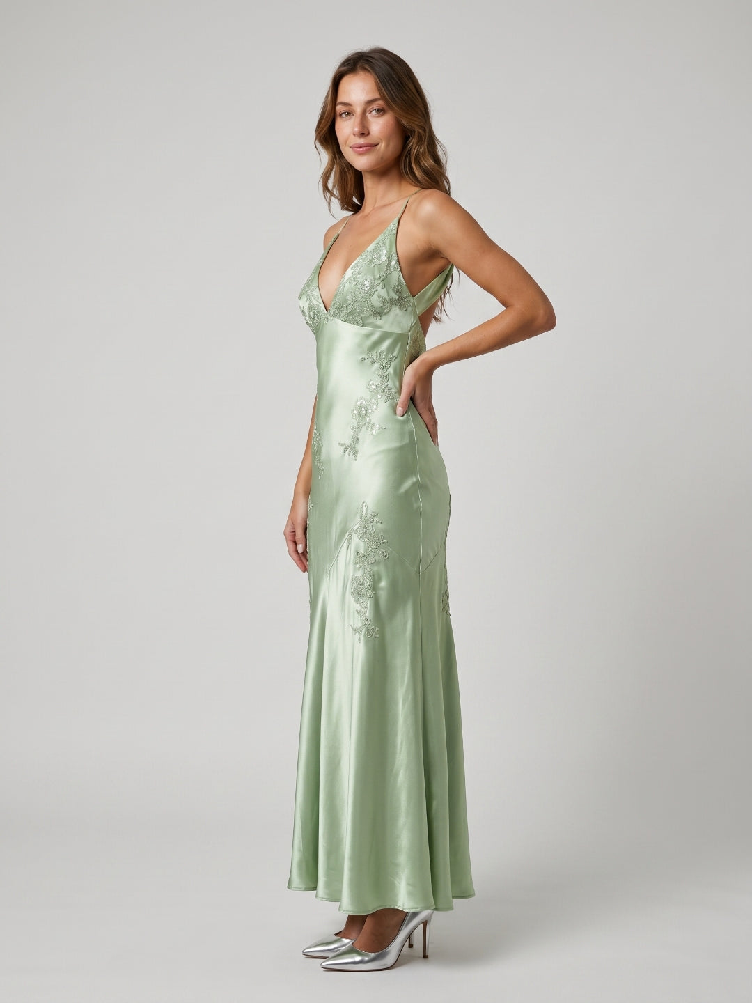 Dusty Sage Satin Sheath V-Neck Backless Floor-Length Party Dress