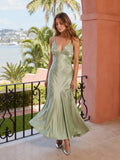 Dusty Sage Satin Sheath V-Neck Backless Floor-Length Party Dress