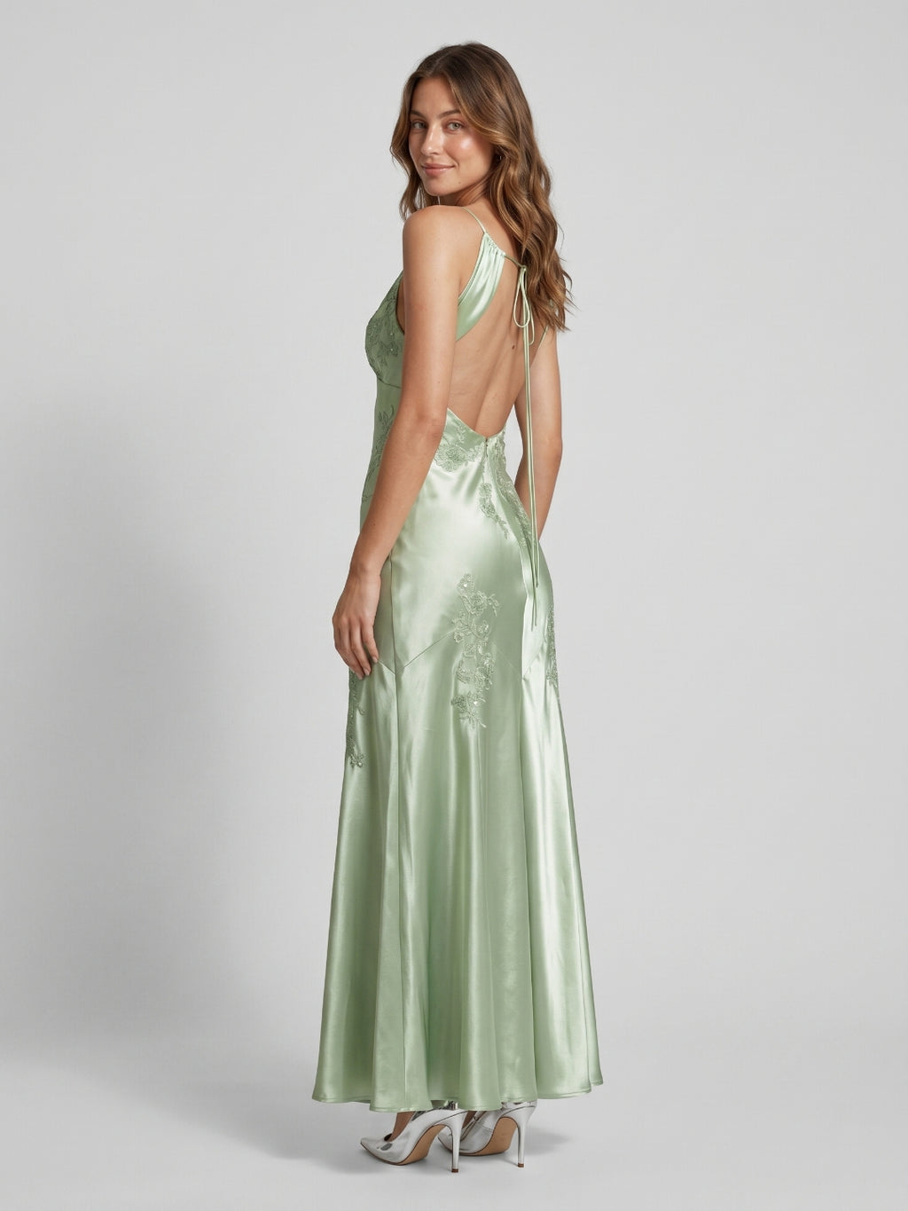 Dusty Sage Satin Sheath V-Neck Backless Floor-Length Party Dress