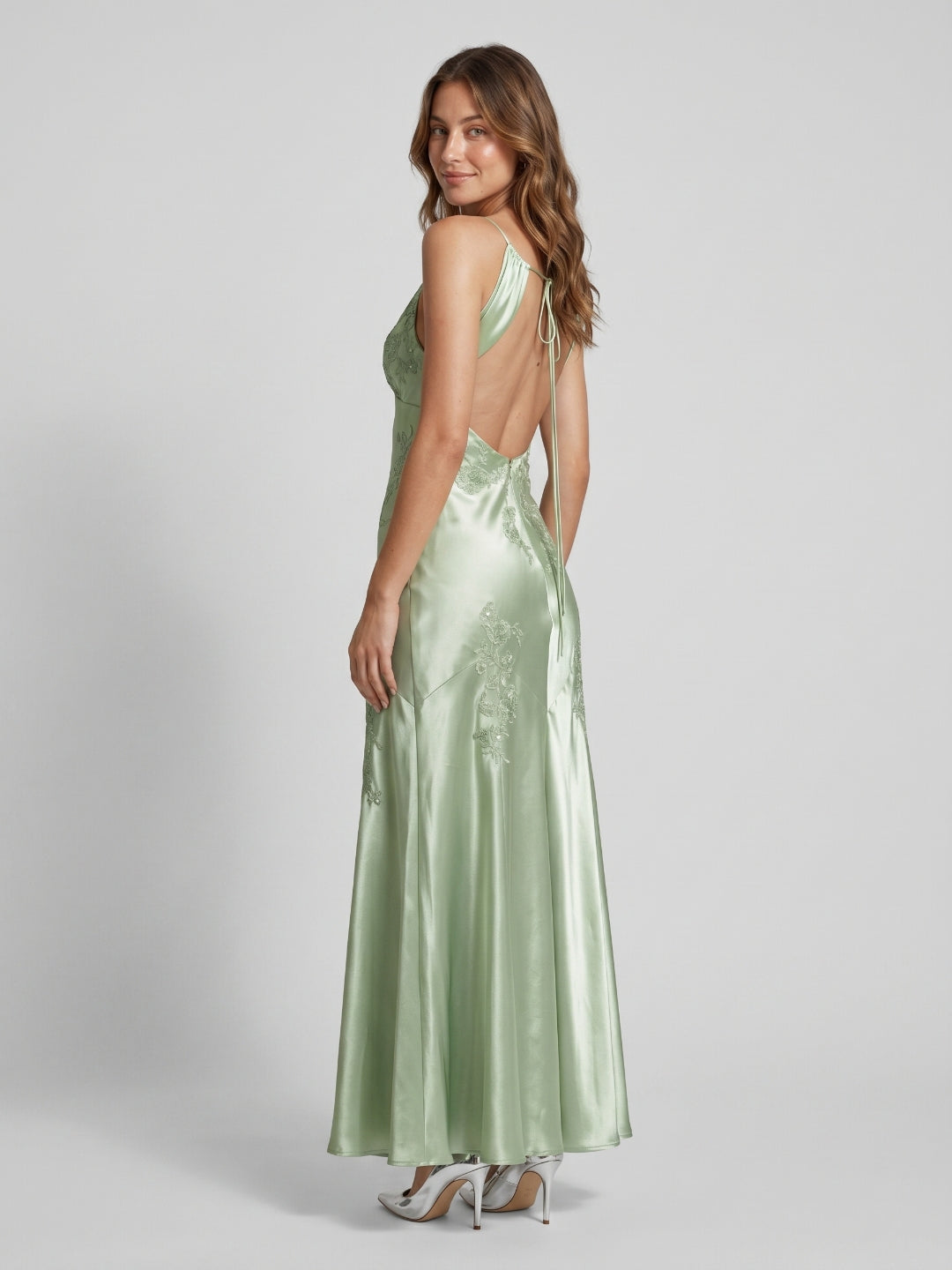 Dusty Sage Satin Sheath V-Neck Backless Floor-Length Party Dress