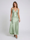 Dusty Sage Satin Sheath V-Neck Backless Floor-Length Party Dress
