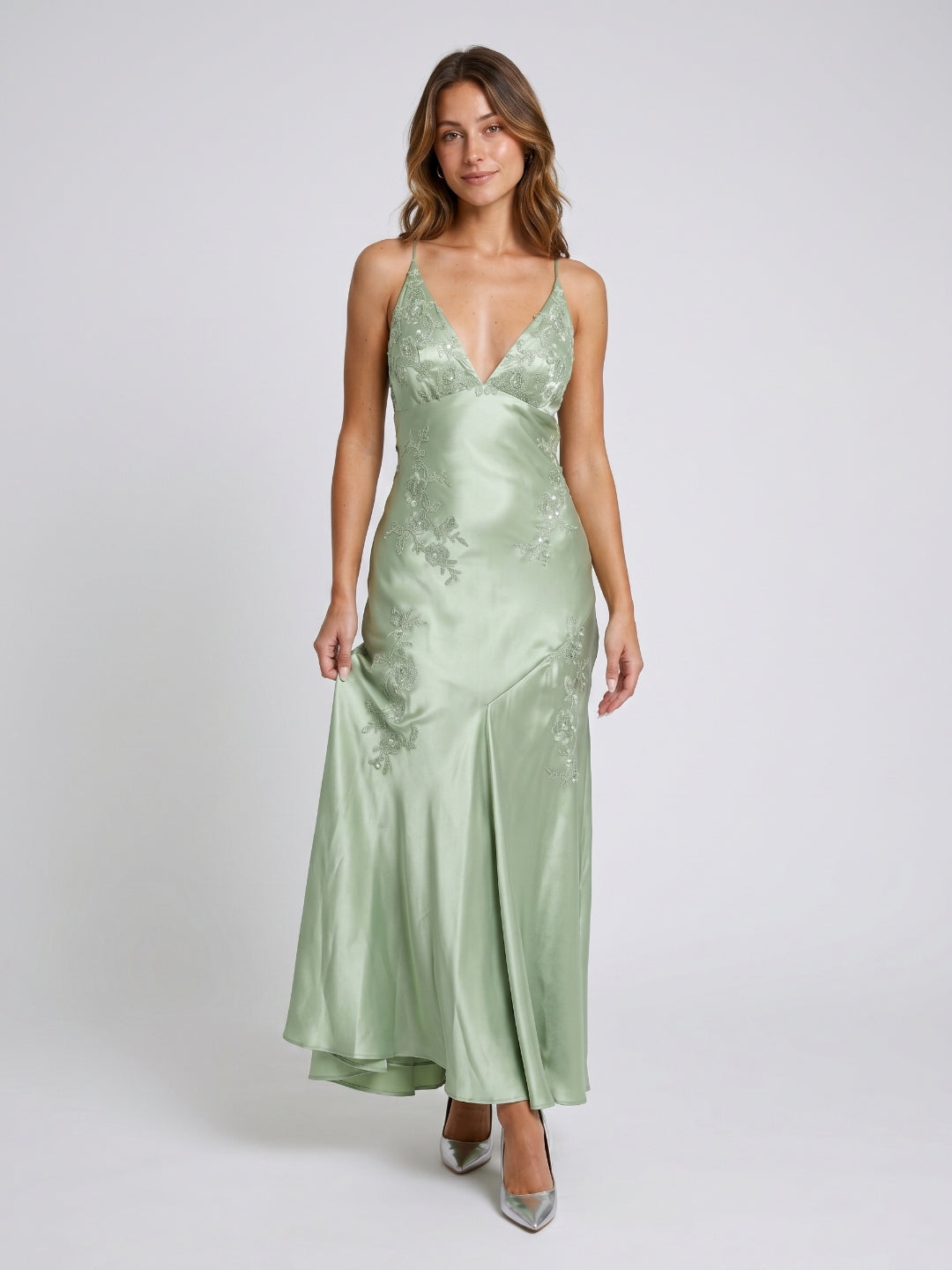 Dusty Sage Satin Sheath V-Neck Backless Floor-Length Party Dress