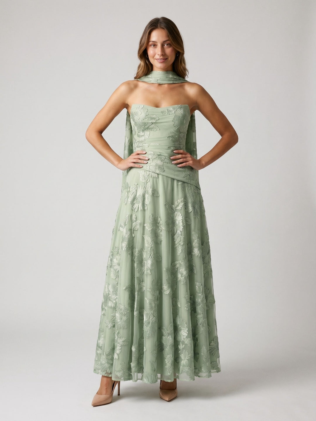 Dusty Sage Tulle A-Line Straight Neck Lace-Up Back Floor-Length Party Dress with 3D Flowers