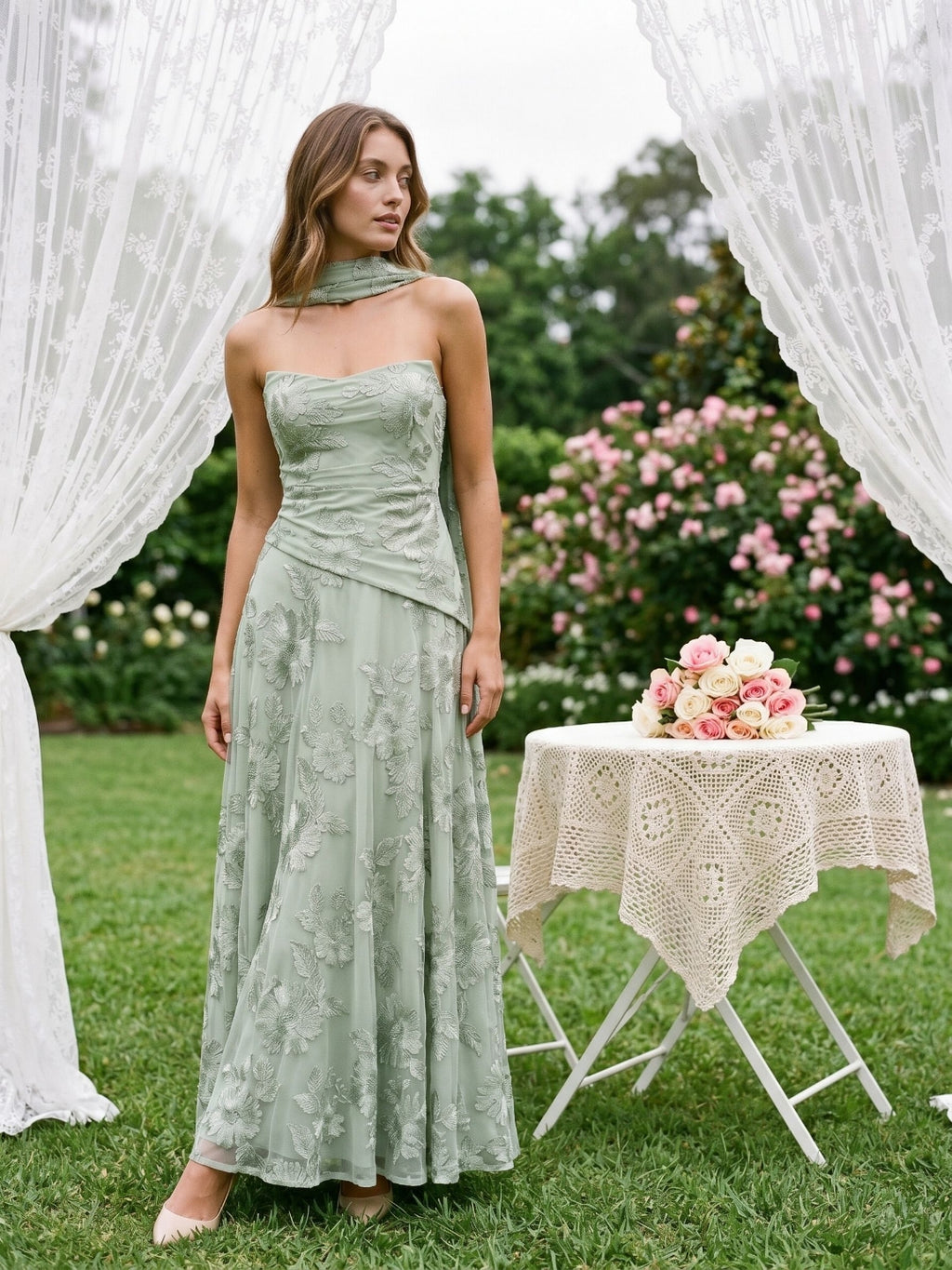 Dusty Sage Tulle A-Line Straight Neck Lace-Up Back Floor-Length Party Dress with 3D Flowers