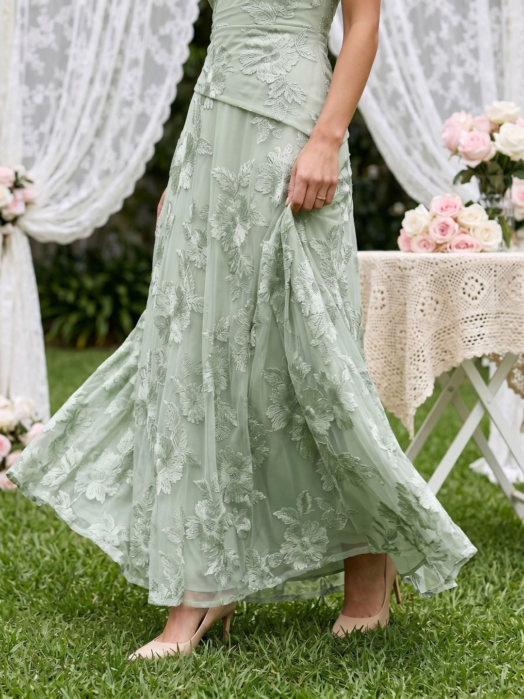 Dusty Sage Tulle A-Line Straight Neck Lace-Up Back Floor-Length Party Dress with 3D Flowers