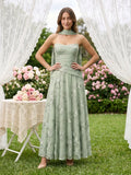 Dusty Sage Tulle A-Line Straight Neck Lace-Up Back Floor-Length Party Dress with 3D Flowers