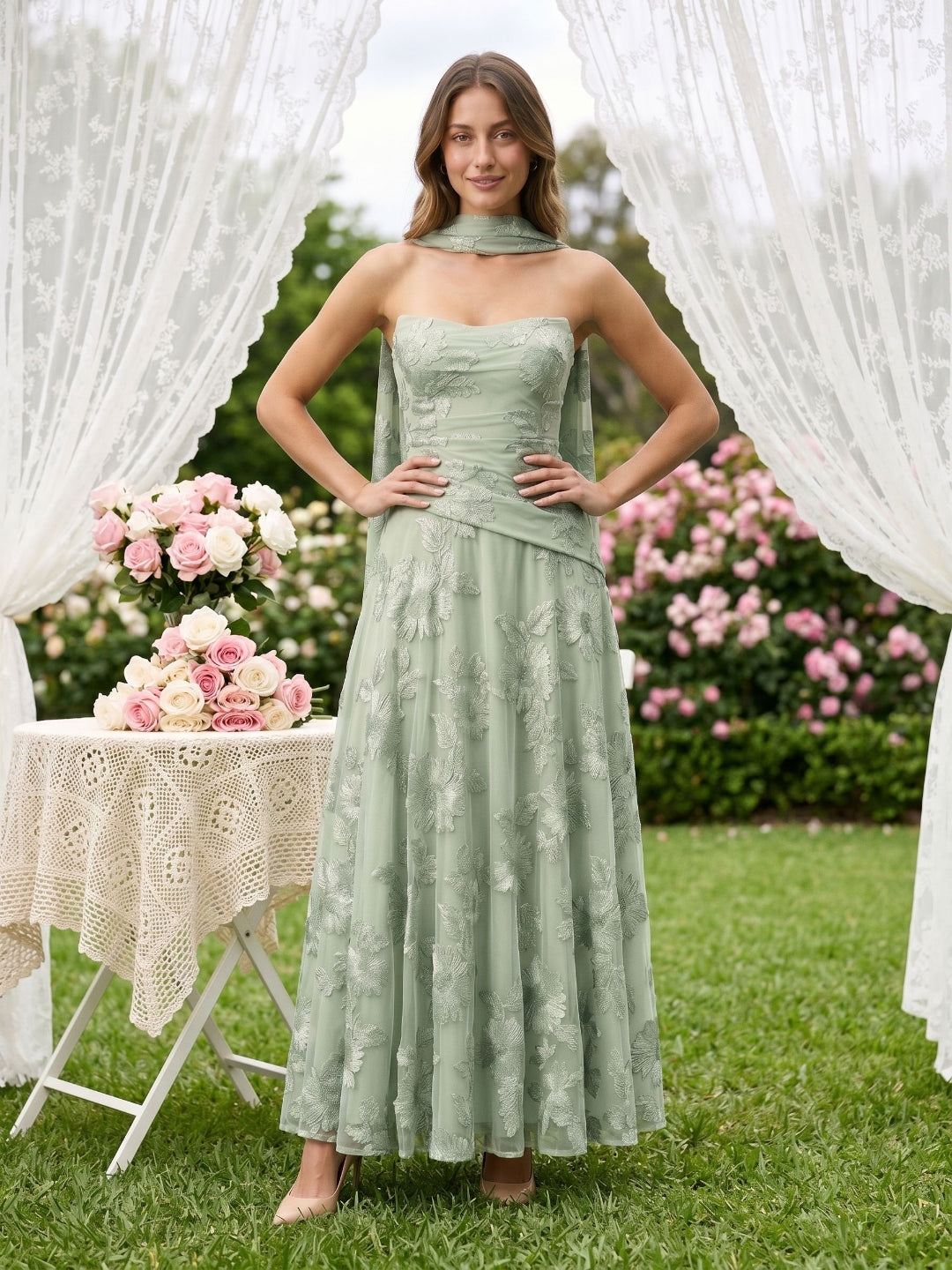 Dusty Sage Tulle A-Line Straight Neck Lace-Up Back Floor-Length Party Dress with 3D Flowers