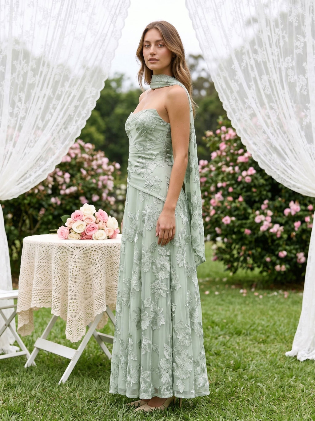 Dusty Sage Tulle A-Line Straight Neck Lace-Up Back Floor-Length Party Dress with 3D Flowers