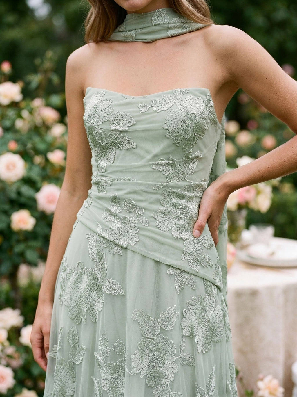 Dusty Sage Tulle A-Line Straight Neck Lace-Up Back Floor-Length Party Dress with 3D Flowers