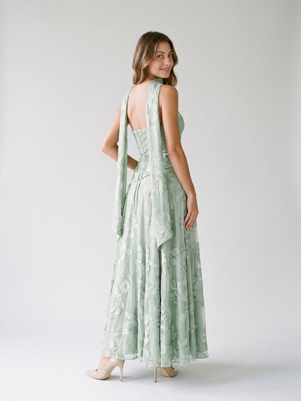 Dusty Sage Tulle A-Line Straight Neck Lace-Up Back Floor-Length Party Dress with 3D Flowers