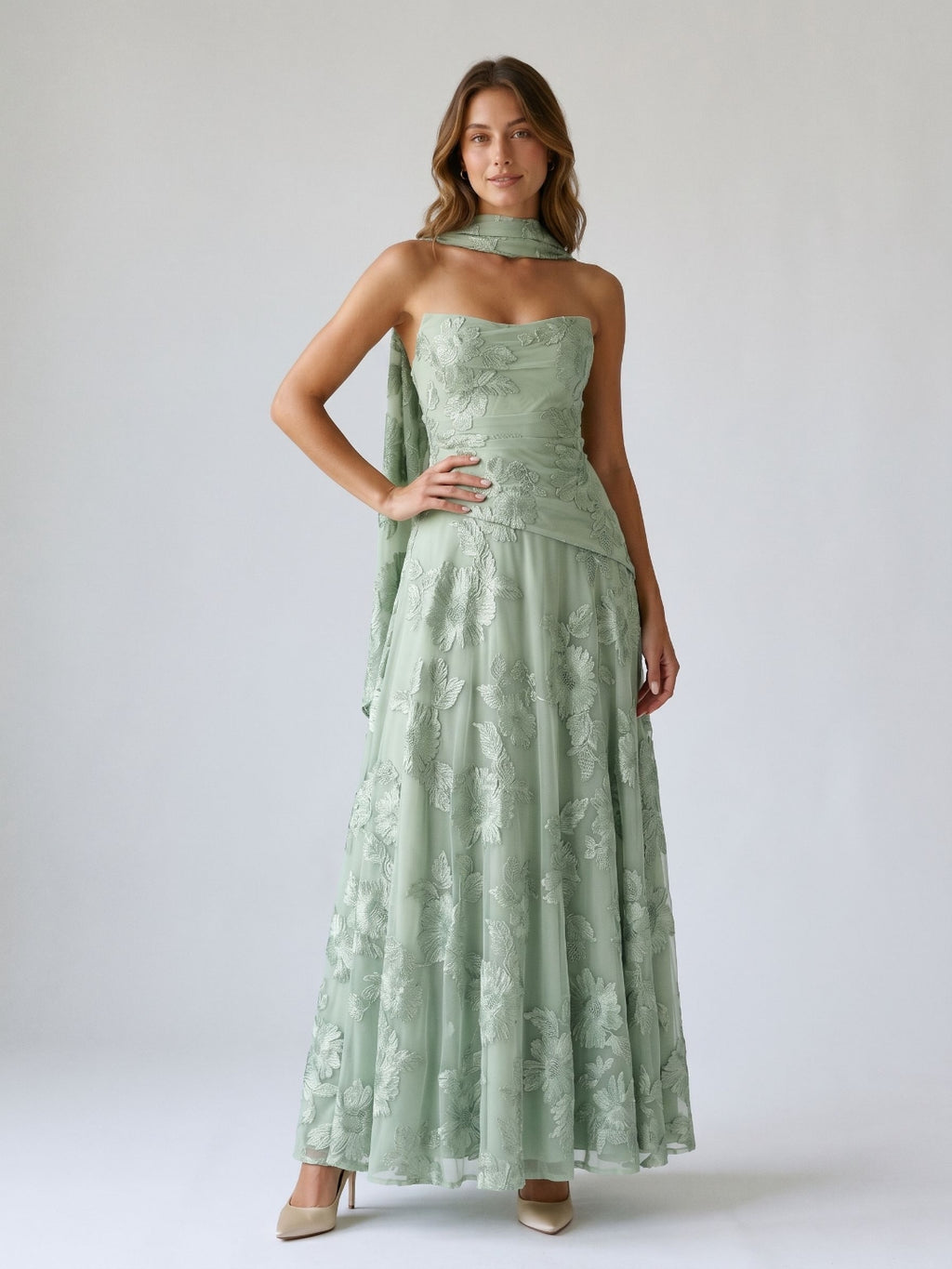 Dusty Sage Tulle A-Line Straight Neck Lace-Up Back Floor-Length Party Dress with 3D Flowers