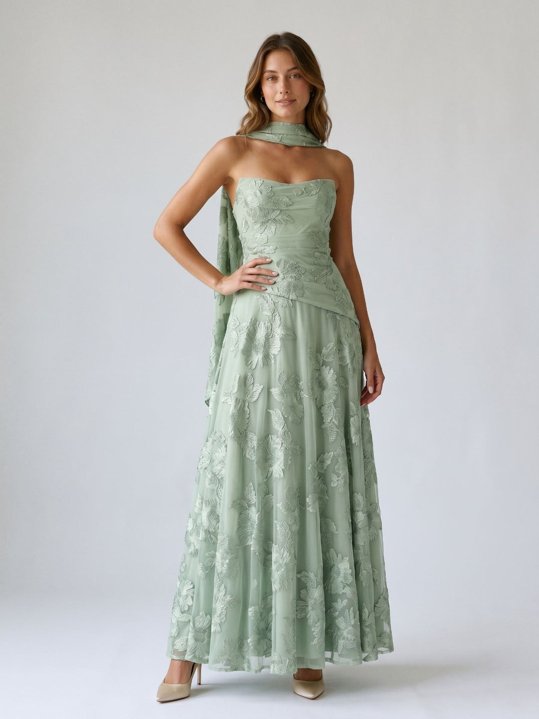 Dusty Sage Tulle A-Line Straight Neck Lace-Up Back Floor-Length Party Dress with 3D Flowers