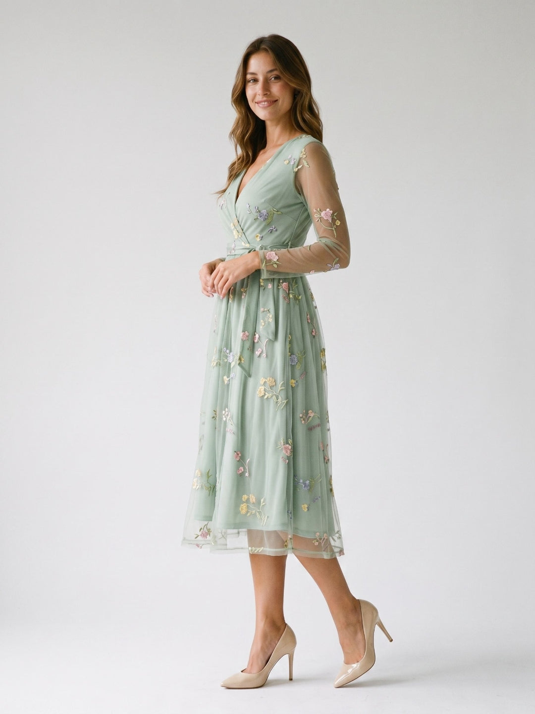 Dusty Sage Tulle A-Line V-Neck Tea-Length Birthday Dress