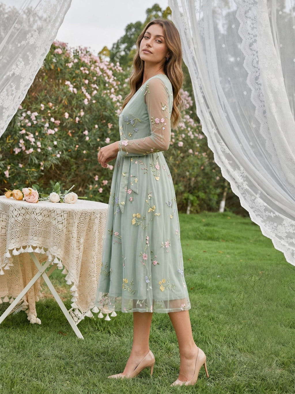Dusty Sage Tulle A-Line V-Neck Tea-Length Birthday Dress