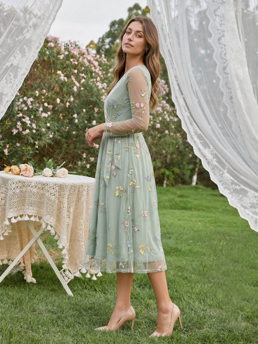 Dusty Sage Tulle A-Line V-Neck Tea-Length Birthday Dress