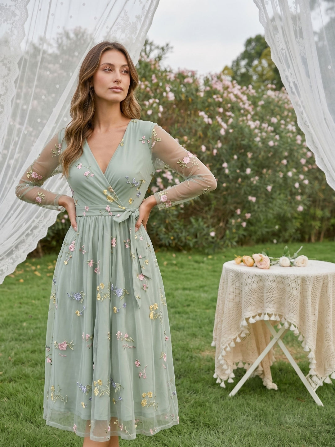Dusty Sage Tulle A-Line V-Neck Tea-Length Birthday Dress