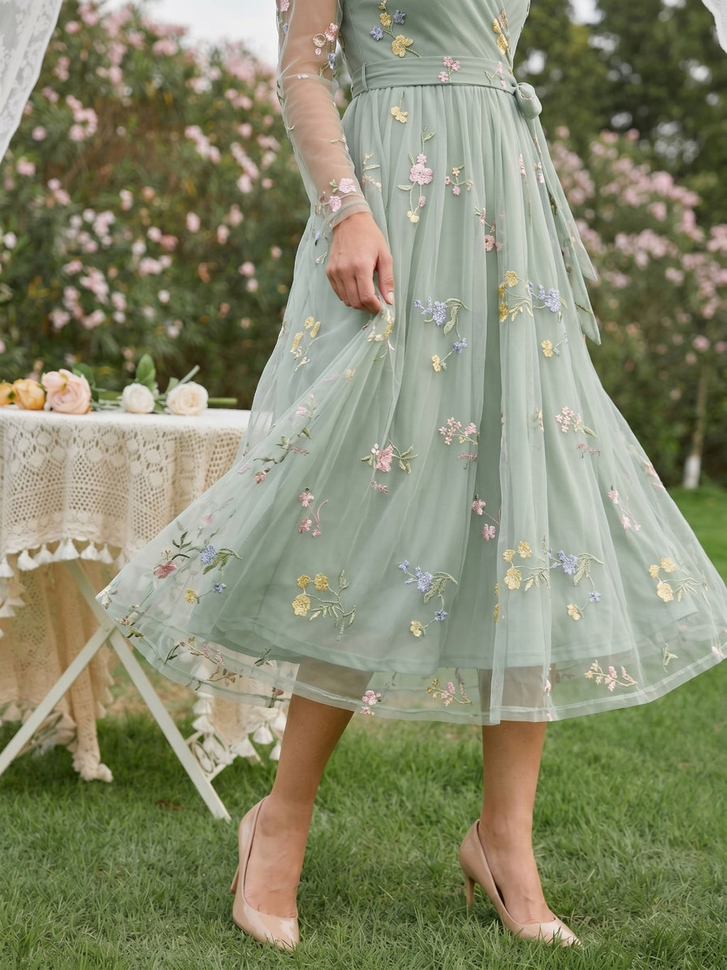 Dusty Sage Tulle A-Line V-Neck Tea-Length Birthday Dress